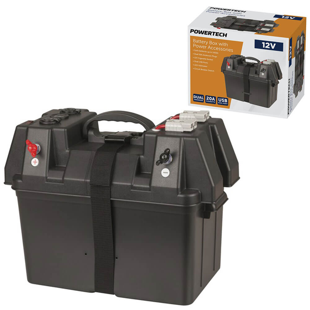 Boîte de batterie avec chargeur USB Voltmètre 2x et bouchons Anderson