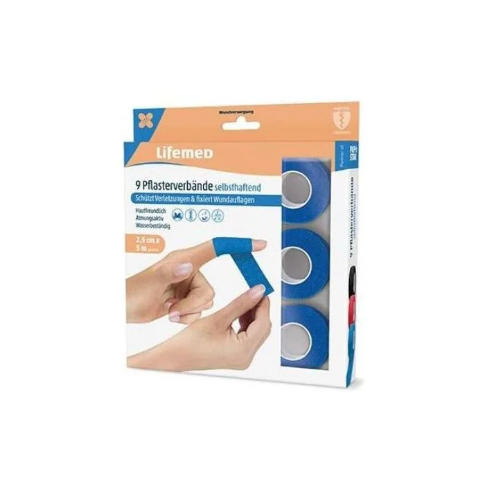 Bande adhésive élastique - 25 mm x 5 m - Bleu LIFEMED Lot de 9