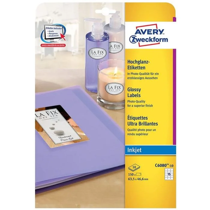 Étiquettes brillantes - 63,5 x 46,6 mm - Jet d'encre - Blanc AVERY Lot de 150
