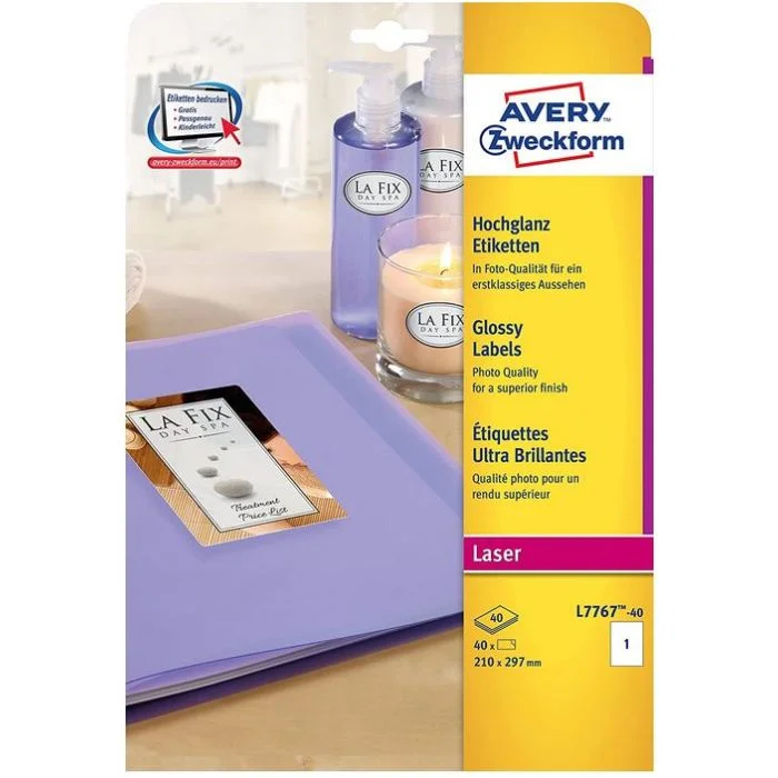 Étiquettes brillantes - 210 x 297 mm - Jet d'encre - Blanc AVERY Lot de 40