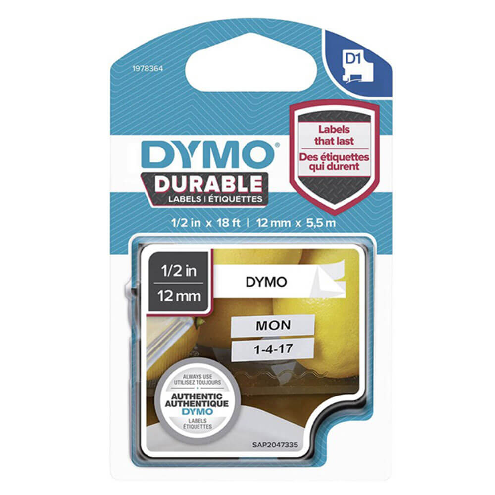 Étiquette de bande durable Dymo D1 12 mmx5,5 m (noir sur blanc)